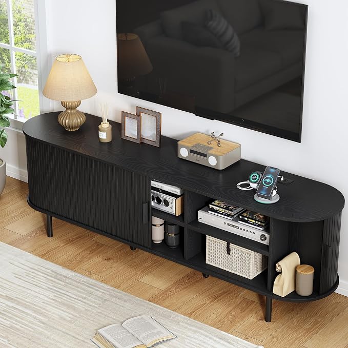 70.8" TV Stand with Power Outlet, Mid-Century Modern Television Stand, Fluted - Image 3