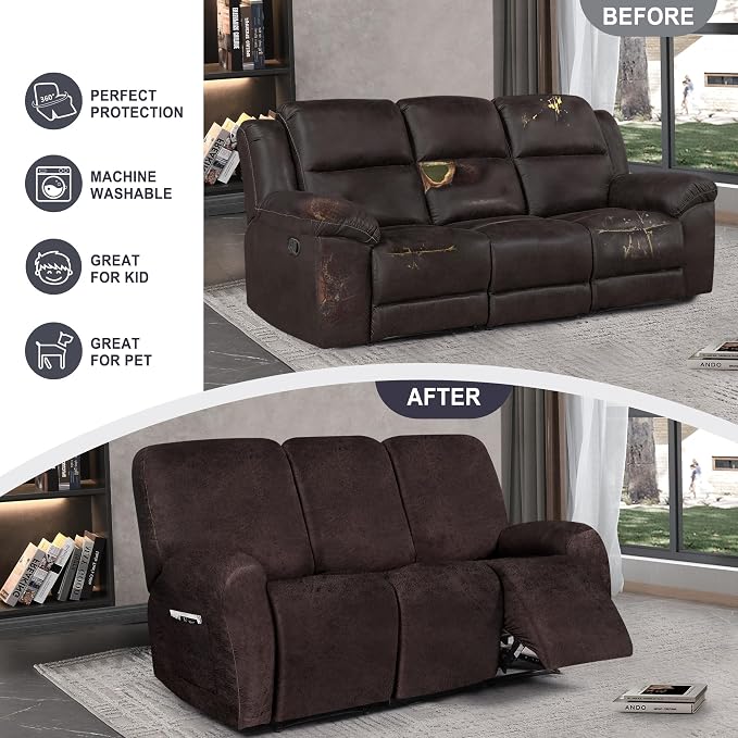 ANARACHON Leather Look Recliner Couch Cover, 8-Pieces Stretch Recliner Sofa - Image 6