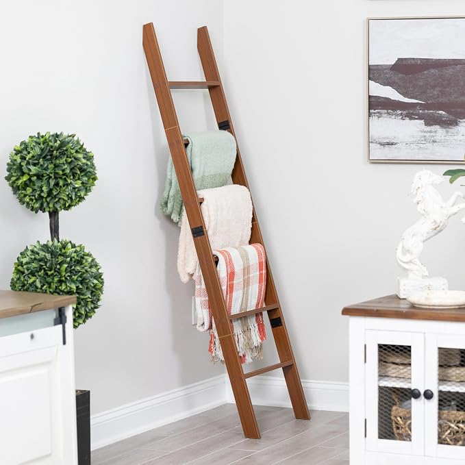 Blanket Ladder for Living Room and Bedroom, 5ft 8 inch, 6-Tier Wall Leaning by RELODECOR