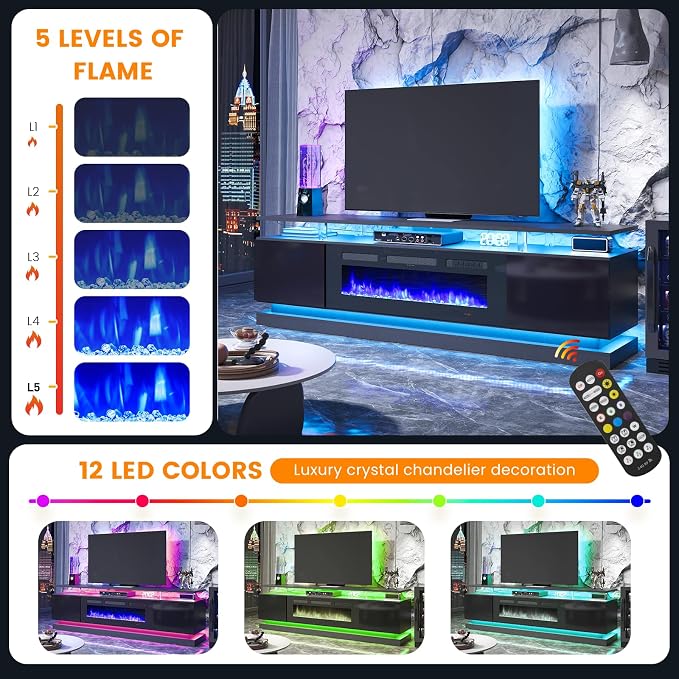 4-Piece Modern Living Room Table Set, Includes High Gloss 70" Fireplace TV Stand - Image 9