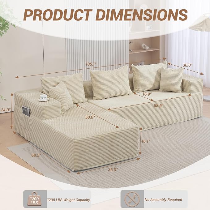 105'' Modular L-Shaped Boneless Sectional, Corduroy Deep Seat Cloud Sectional - Image 2