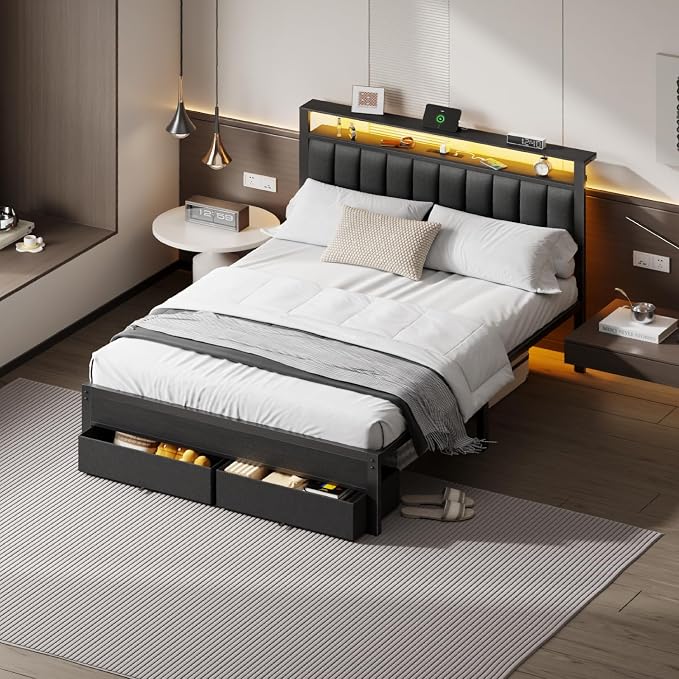 Furnulem Queen Bed Frame with Charging Station and LED Lights, Metal Platform - Image 3