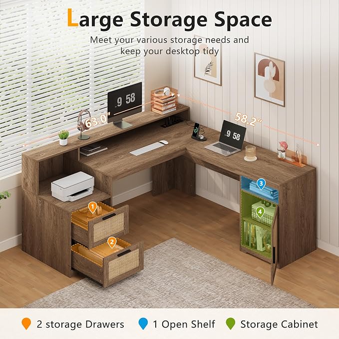 YOMILUVE 63" Farmhouse L Shaped Executive Desk - Image 4