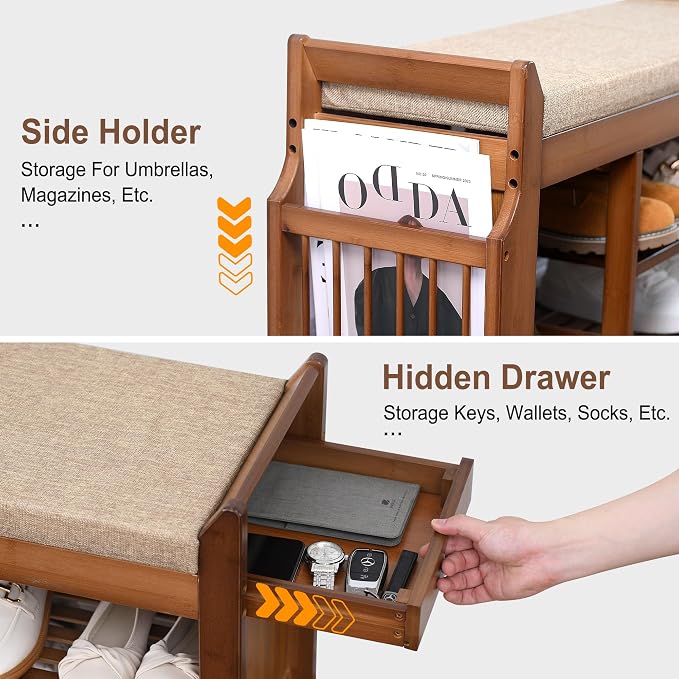 PETKABOO Shoe Bench with Hidden Drawer and Side Holder, 2 Tier Entryway Bench - Image 7