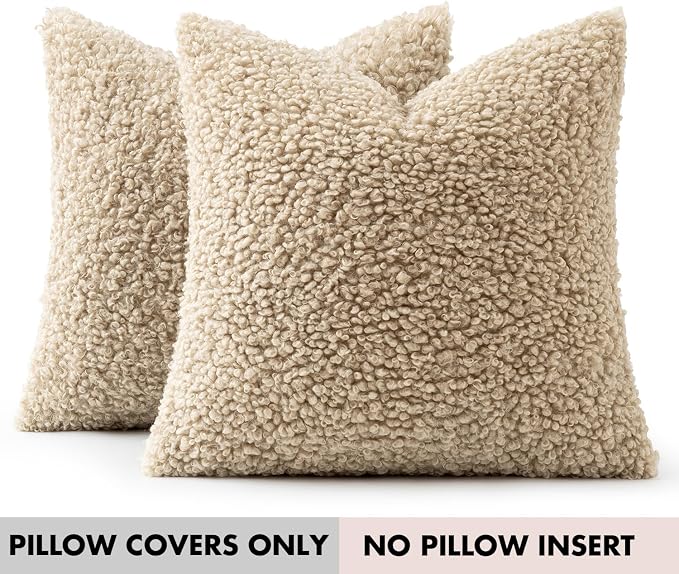 Faux Fur Throw Pillow Covers 24x24 Inch Set of 2 Boucle Neutral Decorative - Image 7
