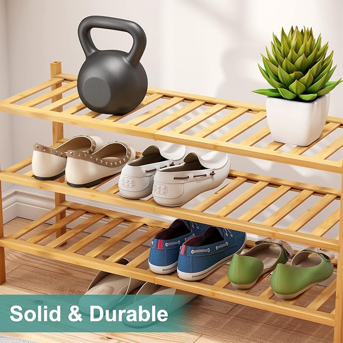 viewcare 3-Tier Long Shoe Rack, Bamboo Wood Shoe Rack - Image 7