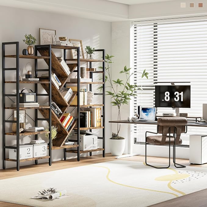 INNOD 70x70 Triple 5 Tier Book Shelf, Large Wooden Bookcase - Image 7