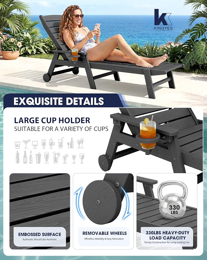 KINGYES HDPE Lounge Chair Outdoor Set of 4, Patio Chaise Lounge Recliner - Image 4