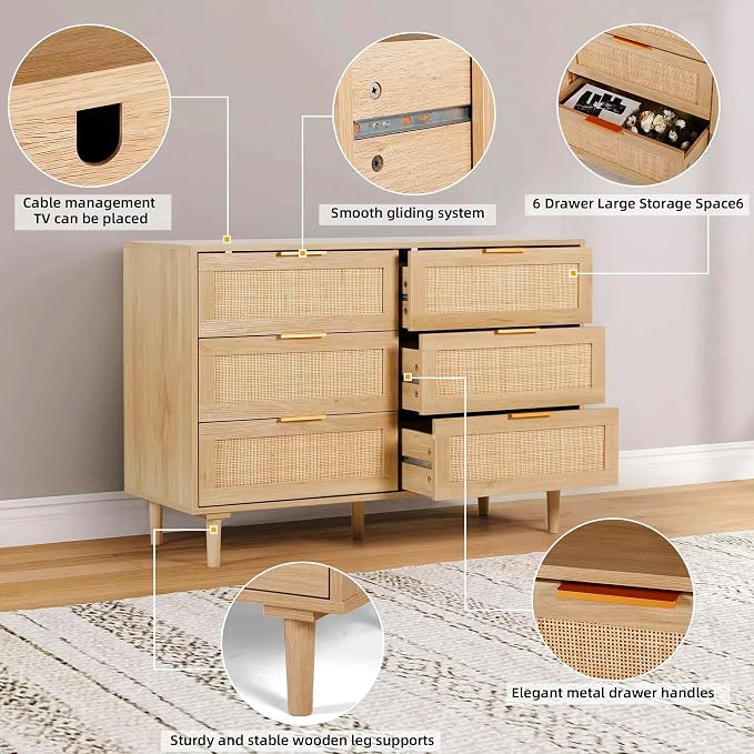 FUQARHY 6 Drawer Dresser Rattan Dresser Modern Chest - Image 6