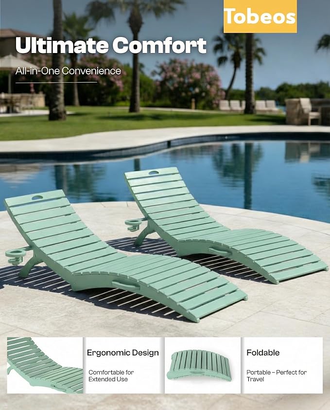 Folding HDPE Pool Lounge Chairs Set of 4, Pre-Assembled Outdoor Chaise Lounge - Image 4