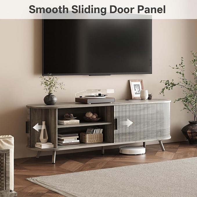 63 inch TV Stand with Power Outlet, Fluted Entertainment Center - Image 3