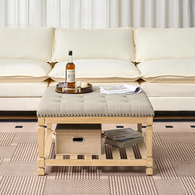 Befurtori Large Square Ottoman Coffee Table, Linen Solid Upholstered Footrest - Image 4