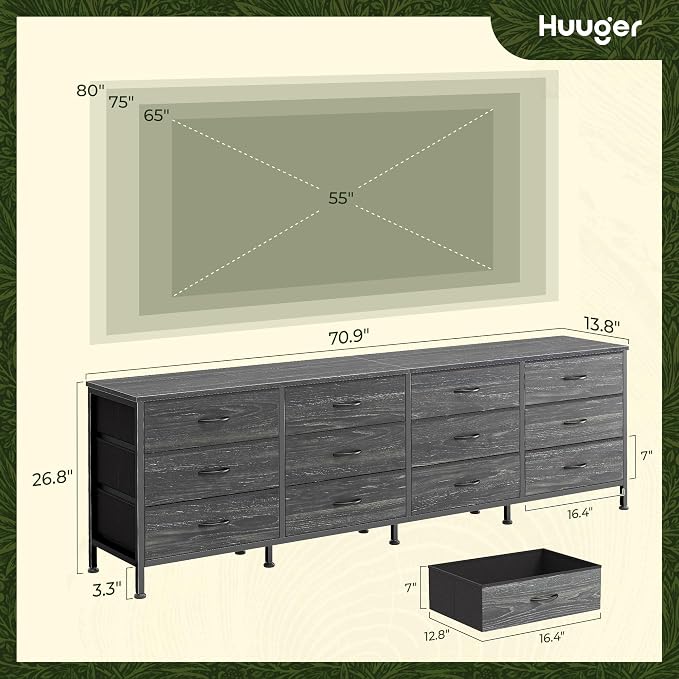 Huuger 70 Inch Dresser for Bedroom, TV Stand for 65, 80 Inch TV, 12 Fabric - Image 3