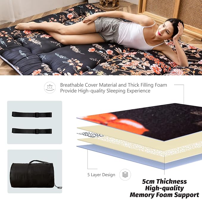 MAXYOYO Black Floral Japanese Futon Floor Mattress, Mattress Topper Portable - Image 5