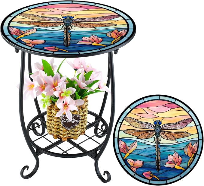 Cinnvoice Outdoor Side Table Round Small Mosaic Patio Accent Indoor End Plant by Cinnvoice