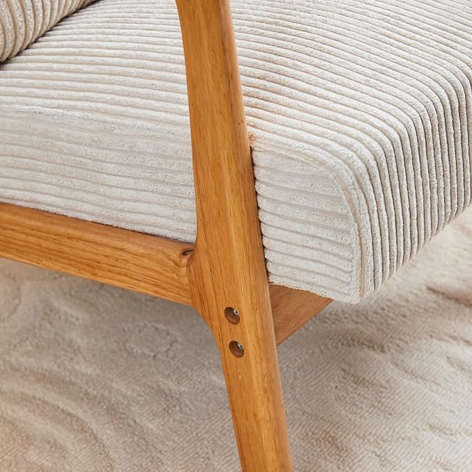Mid-Century Modern Accent Chair Beige Rubberwood Frame Living Room Bedroom - Image 6