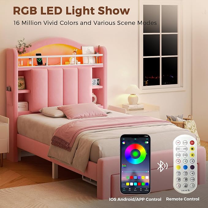 Twin LED Bed Frame with Storage Headboard & 2 Storage Drawers, Princess Velvet - Image 7
