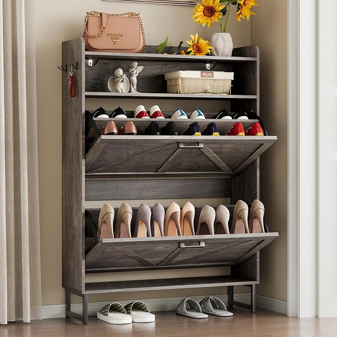 BORNOON Shoe Cabinet with 2 Flip Drawers Narrow Shoe Storage Organizer Wooden - Image 3
