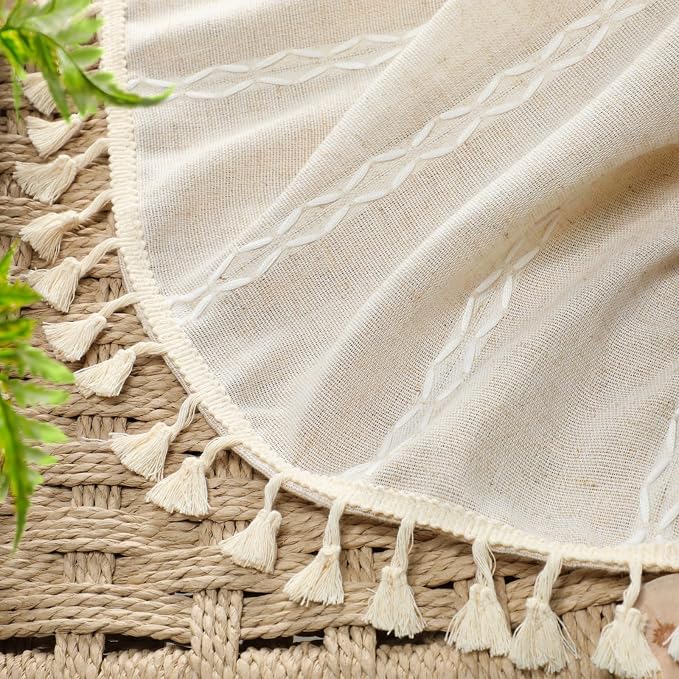 Boho Blackout Curtains 63 Inches Long Beige Linen Blend 2 Panels - Image 7