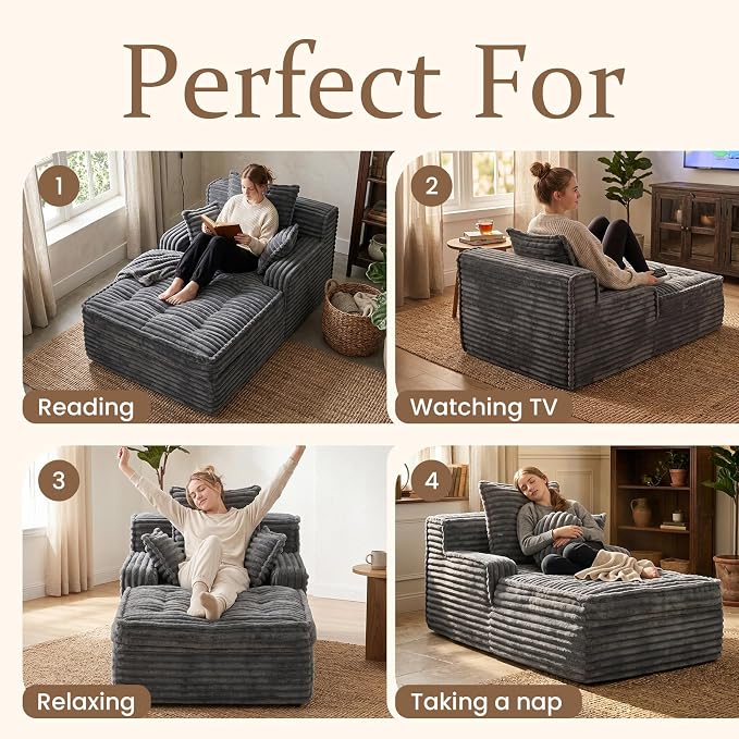 Boneless Chaise Lounge Couch Indoor, Small Corduroy Upholstered Sleeper Sofa - Image 3