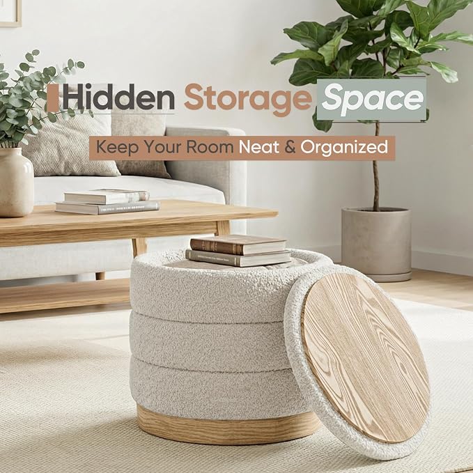 Round Storage Ottoman with Reversible Tray Lid, Folding Chenille Fabric - Image 4