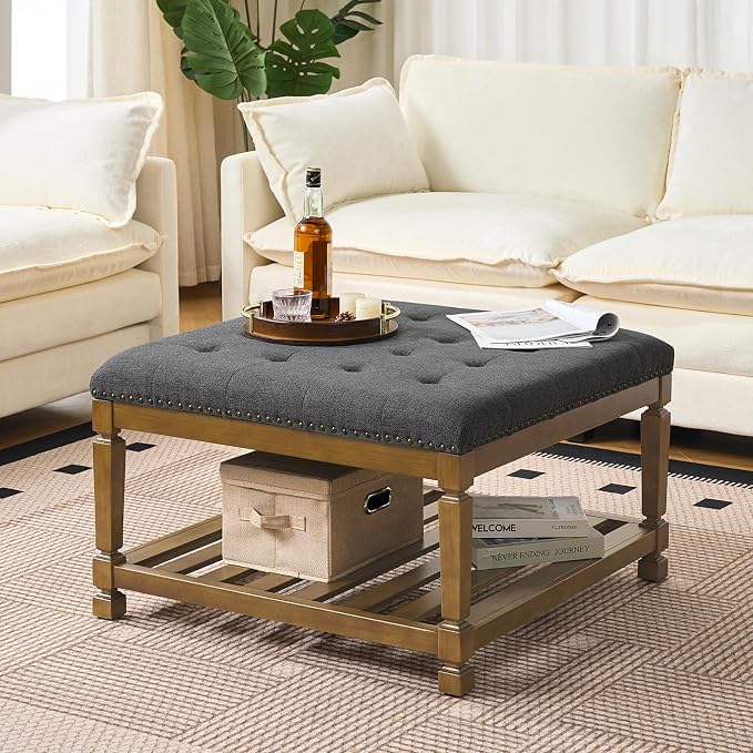 Befurtori Large Square Ottoman Coffee Table, Linen Solid Upholstered Footrest by Befurtori