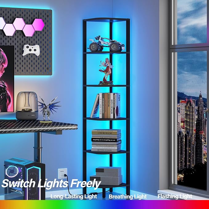 TUTOTAK Corner Shelf with LED Light, 6-Tier Corner Bookshelf - Image 3