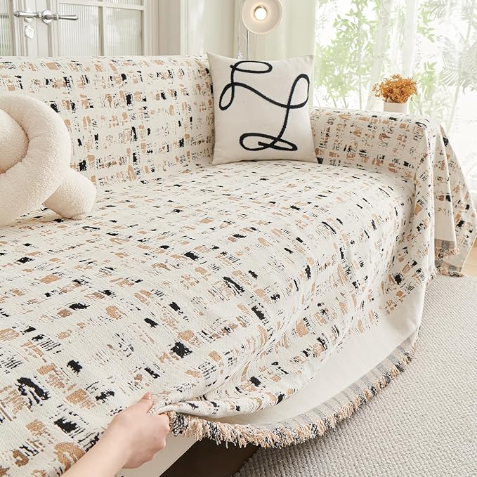 DREAMINGO Abstract Chenille Couch Cover Blanket Beige Khaki Black Boho Sofa - Image 2