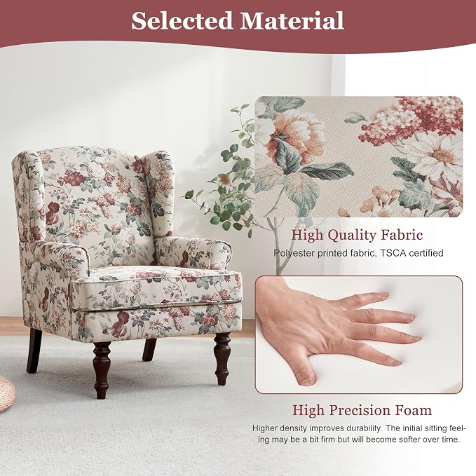 HUIMO Printed Wingback Accent Chair, Linen Upholstered High Back Armchair - Image 7
