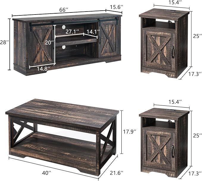 AMERLIFE 4-Piece Farmhouse Table Set Includes Sliding Barn Door TV Stand - Image 2