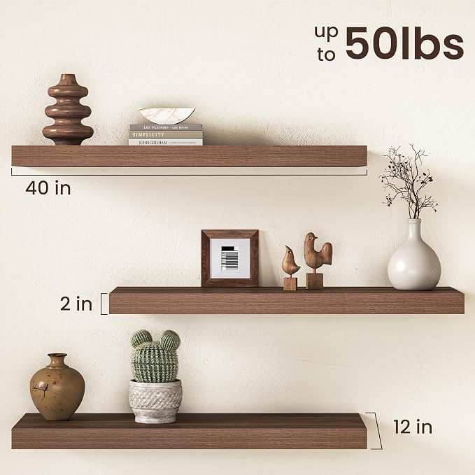 40Inch Walnut Floating Shelves for Wall, 12 Inch Deep Shelves for Bedroom - Image 3