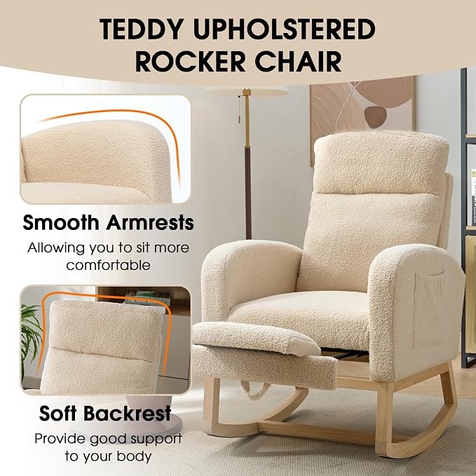 NIOIIKIT Modern Nursery Rocking Chair, Teddy Upholstered Rocking Chair - Image 6
