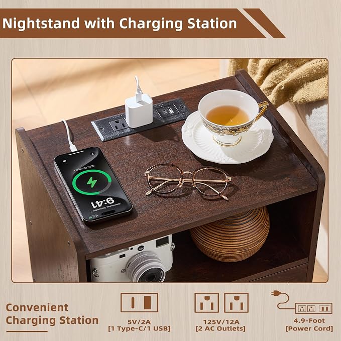 Lerliuo Rattan Nightstand with Charging Station, Walnut Bedside Table with - Image 5