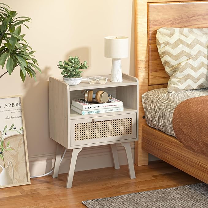 Lerliuo Rattan Nightstand with Charging Station, Side Table with Drawer Open - Image 2