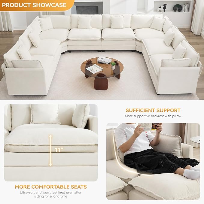 147'' Oversized U Shaped Cloud Sectional Sofa, Chenille Deep Seat Couches - Image 3