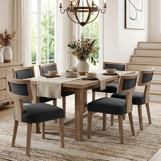 HNY Mid Century Modern Dining Chairs Set of 6, Farmhouse Linen Fabric by HNY