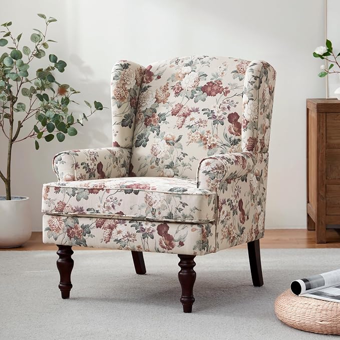 HUIMO Printed Wingback Accent Chair, Linen Upholstered High Back Armchair by HUIMO