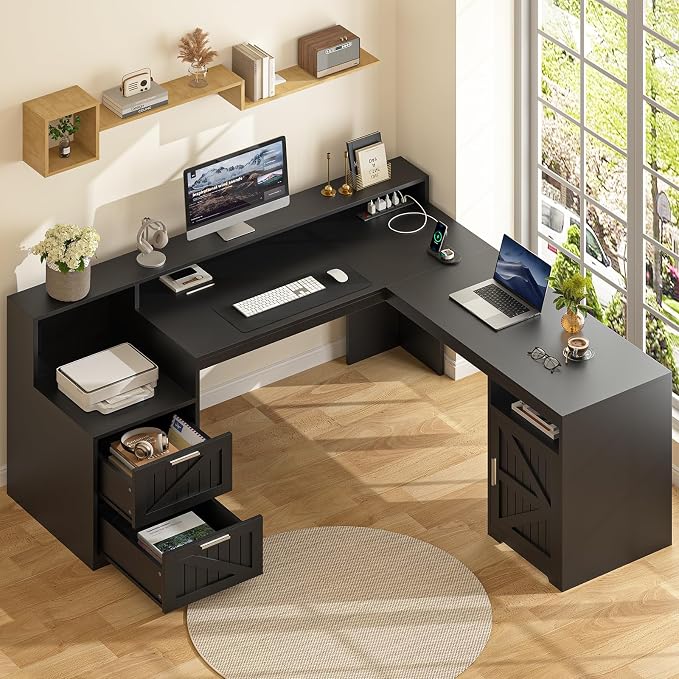 YOMILUVE 63" Farmhouse L Shaped Desk - Image 3