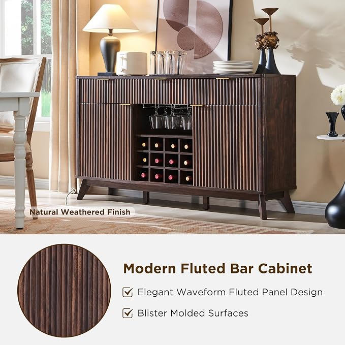 OKD Fluted Wine Bar Cabinet, 3 Drawers, 4 Glass Holders & 12 Wine Racks - Image 7