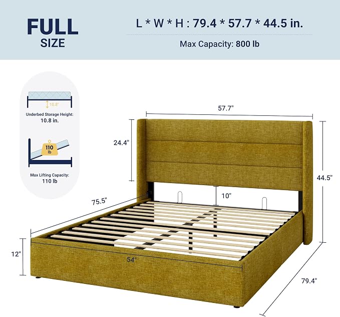Allewie Full Size Lift Up Storage Bed, Modern Wingback Headboard, Hydraulic - Image 2