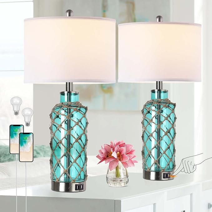 Cottage Nautical Accent Table Lamp Set of 2, Touch Control Coastal Blue Green - Image 9