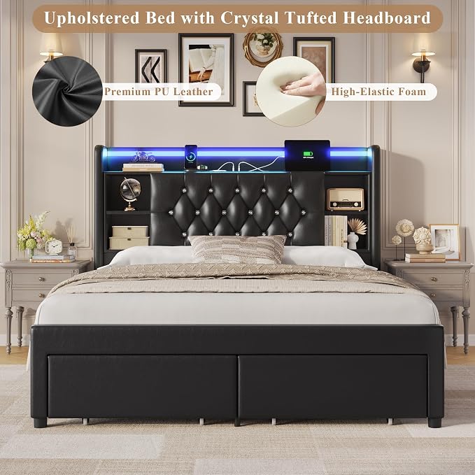 Queen Bed Frame with Drawers, Hidden-Cubby & Shelves Storage Headboard with - Image 7