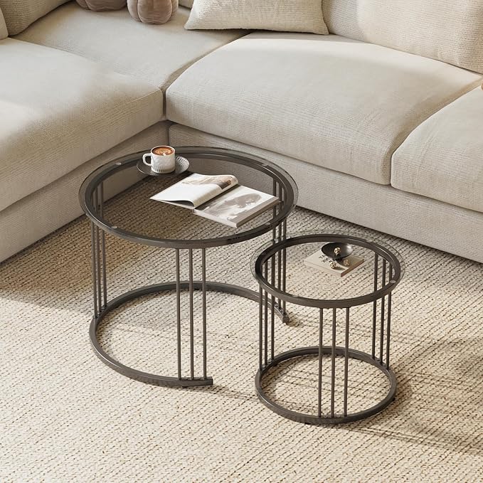 Garden 4 you Nesting Coffee Table, 23.6" Round Coffee Table Set of 2, Glass - Image 4