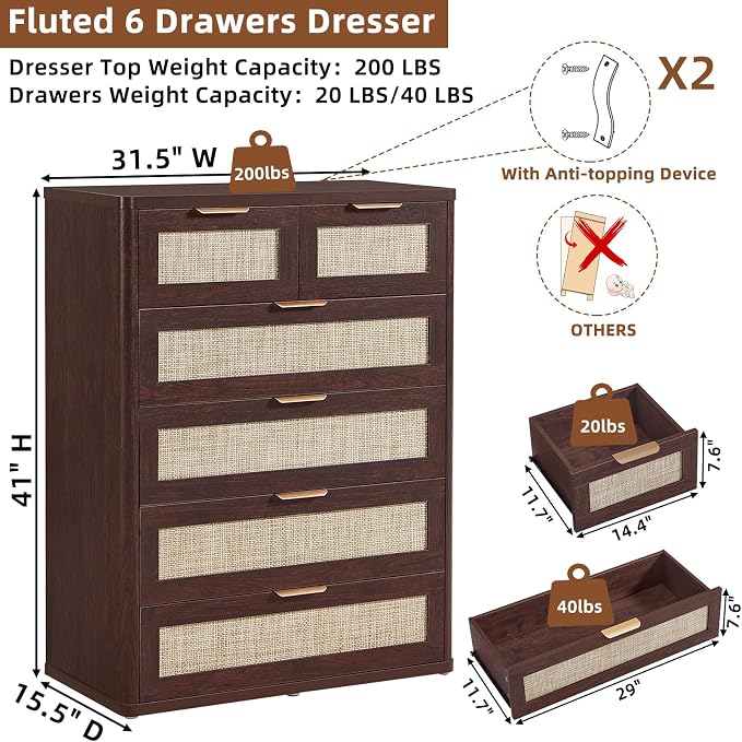 LEYAOYAO Rattan Dresser for Bedroom Set of 2, Modern 6 Drawers Boho Dressers - Image 6