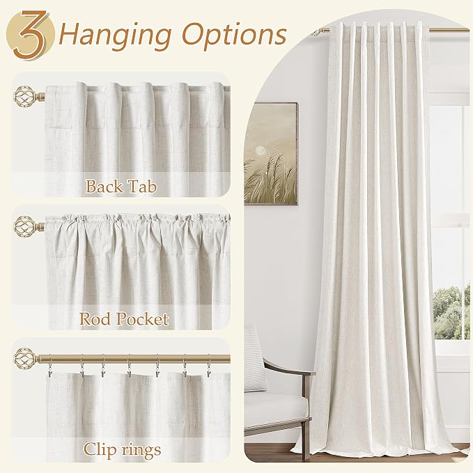 Beige White 100% Blackout Linen Curtains 100 Inch Length 2 Panels Set - Image 6