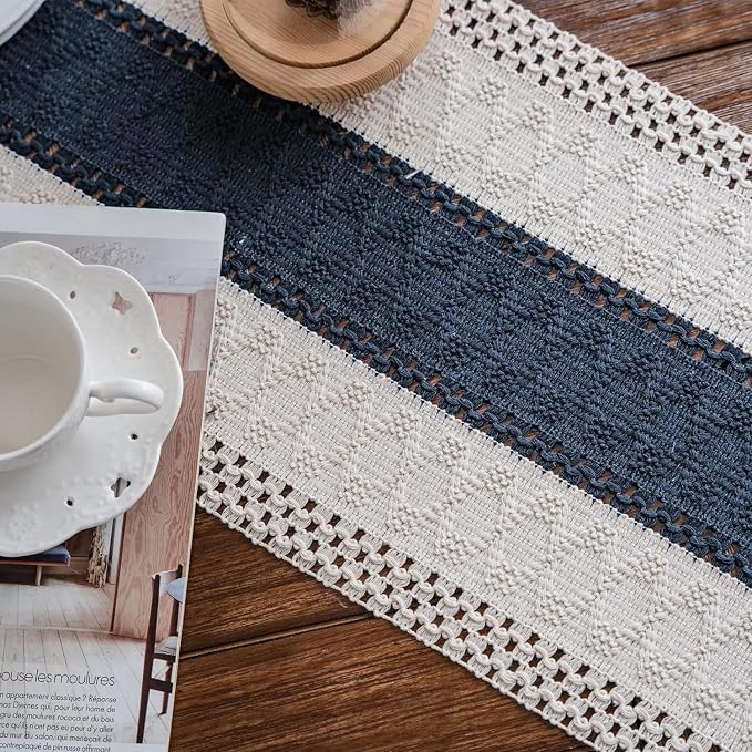 Macrame Table Runner Cream Beige and Blue Boho Table Runners - Image 6