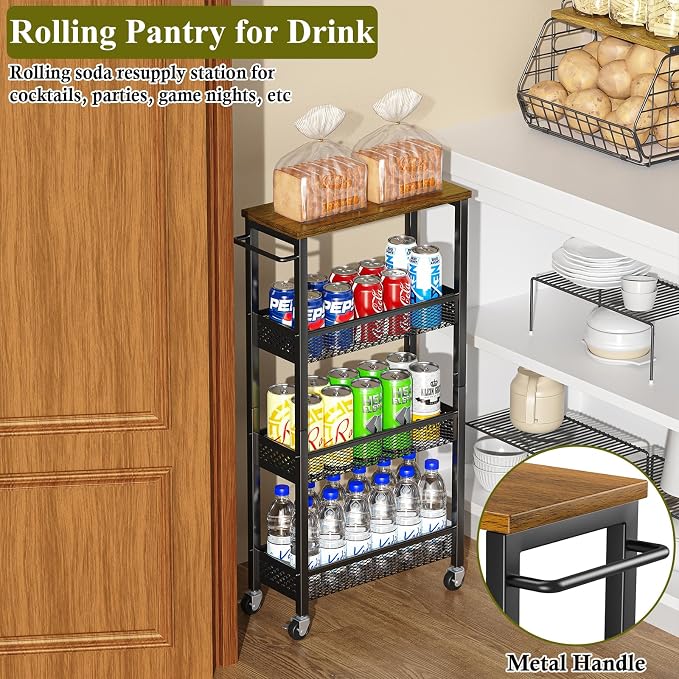 OKZEST Utility Slim Storage Cart, 4 Tier Small Rolling Kitchen Laundry Room Cart - Image 6