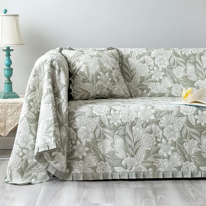 GLORY SEASON Sofa Cover Luxury Jacquard Stylish Embroidery Ruffle, Vintage Sofa by GLORYSEASON