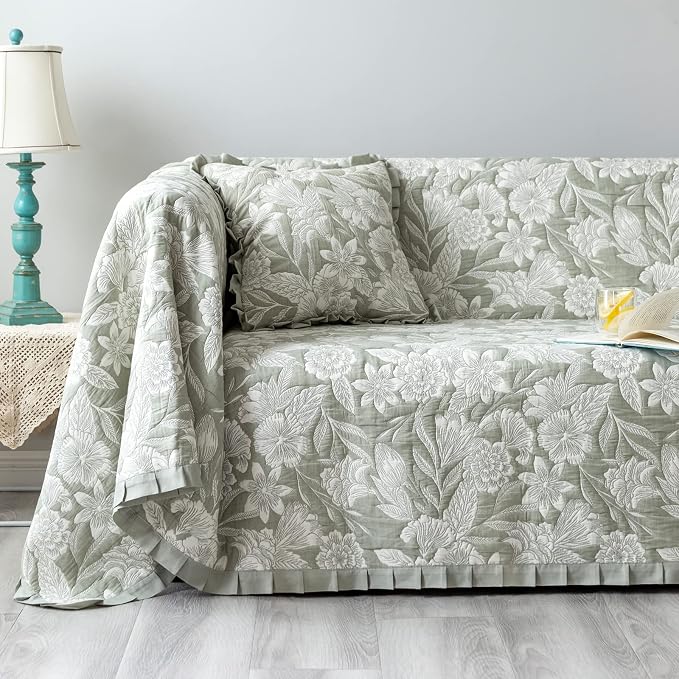 GLORY SEASON Sofa Cover Luxury Jacquard Stylish Embroidery Ruffle, Vintage Sofa by GLORYSEASON