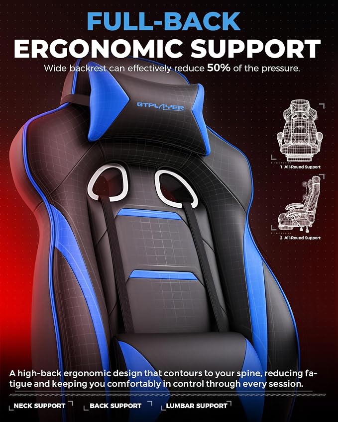 GTPLAYER Gaming Chair with Footrest, Big and Tall Game Chair 350lb Racing Style - Image 7